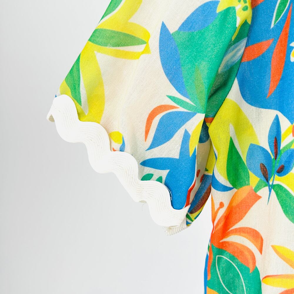 Vintage 70s Handmade Multicolor 100% Cotton Tropical Ric Rac Button Down Shirt - Picture 4 of 8